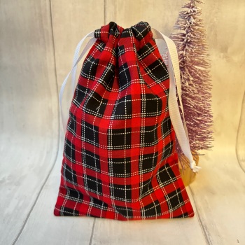 Red Tartan Christmas Drawstring Reusable Gift Bag - SMALL