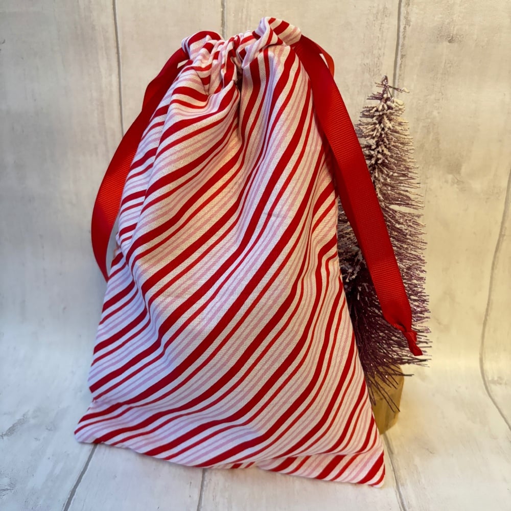 Red, White & Pink Stripe Christmas Drawstring Reusable Gift Bag - MEDIUM