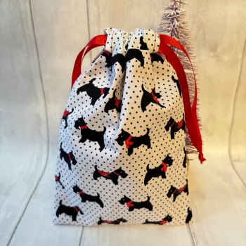 Spotty Scottie Dog Christmas Drawstring Reusable Gift Bag - SMALL