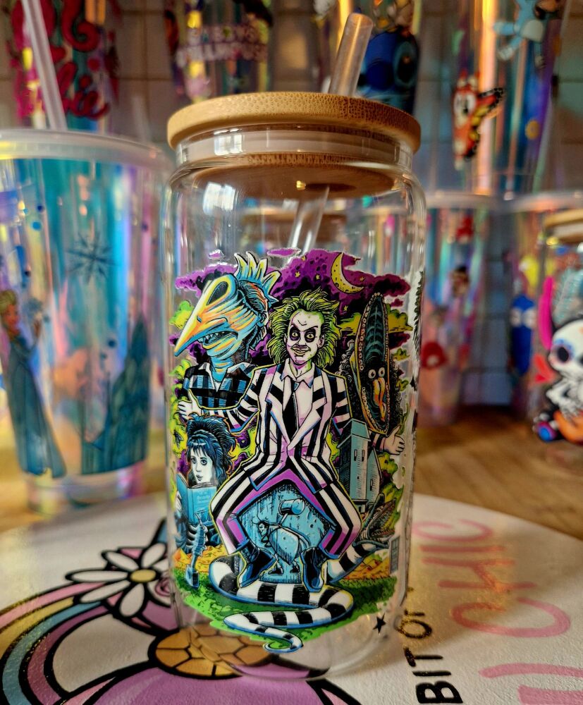 16 oz Glass/Bamboo cold cup: beetlejuice