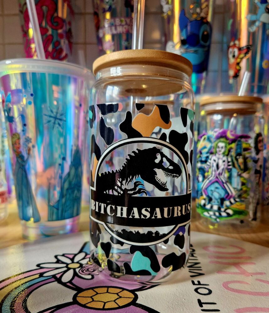 16 oz Glass/Bamboo cold cup: bitchasaurous