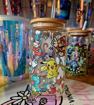 16 oz Glass/Bamboo cold cup: pokemon/ mario