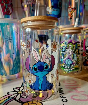 16 oz Glass/Bamboo cold cup: bunny Stitch SECONDS SLIGHT DEFAULT ON PRINT