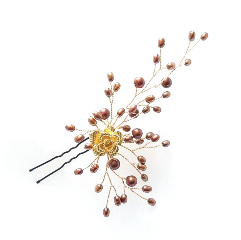 A3-Thea-4-Yellow gold flower & brown pearl hair pin accessory