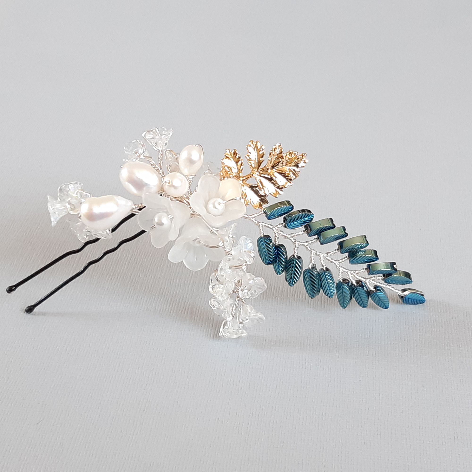 Blue-gold-custom made hair pin by Beady Bride UK