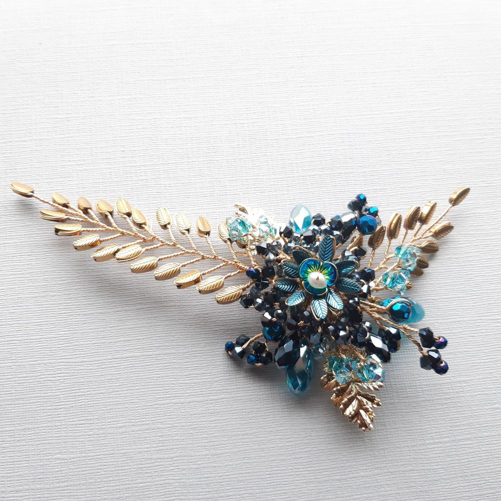 Gold leaf and blue wedding hair accessory-UK-Aconite-1 Gold leaf and blue wedding hair accessory-UK-Aconite-1