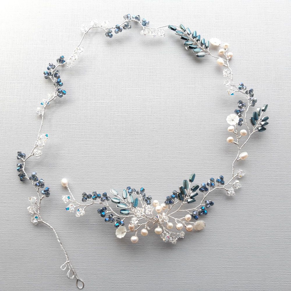 Signature blue &amp; pearl floral vine garland-headpiece-Elizabeth-3.1