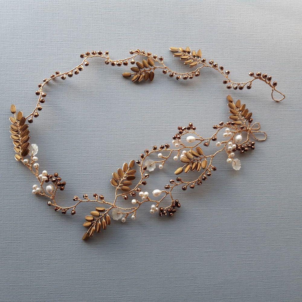 Signature golden brown leaf &amp; pearl floral vine garland -Elizabeth-1.3