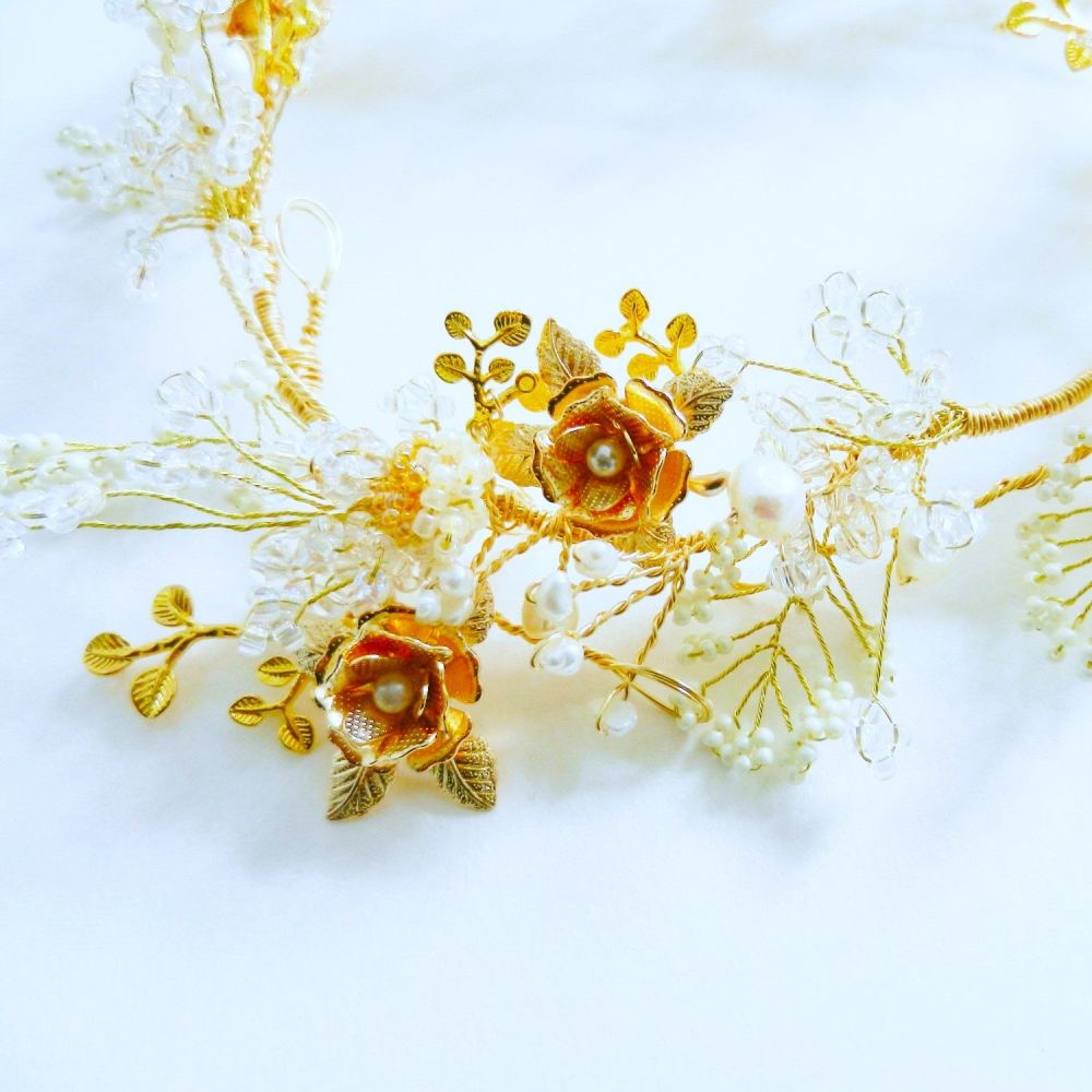 Rose-golden flower-and white pearl floral-head garland-UK-0A-BBS-Roseanne-original
