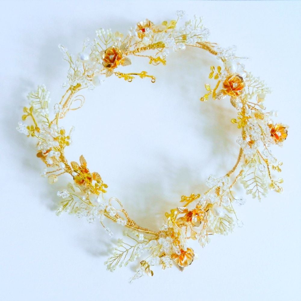 Extra fine pearl & golden flower occasion hair pin garland-0A-BBS-Roseanne-