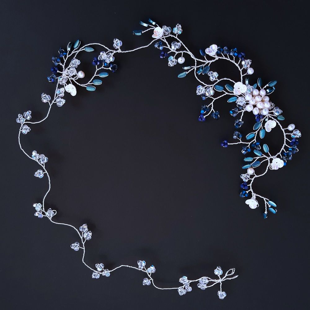 Navy blue and white pearl floral bridal headpiece -OA-BBS-Fonda