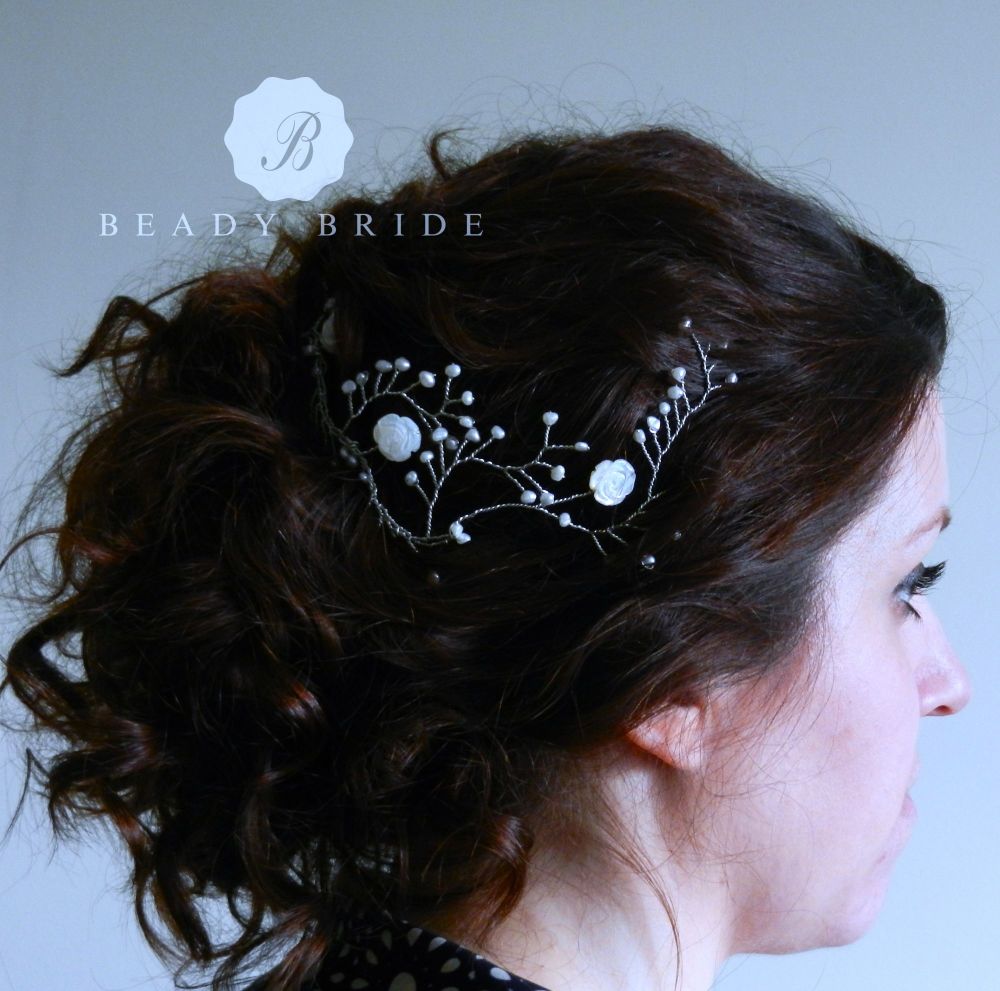 Bespoke-Mother of pearl flower bridal hair vine-0-1- Ross