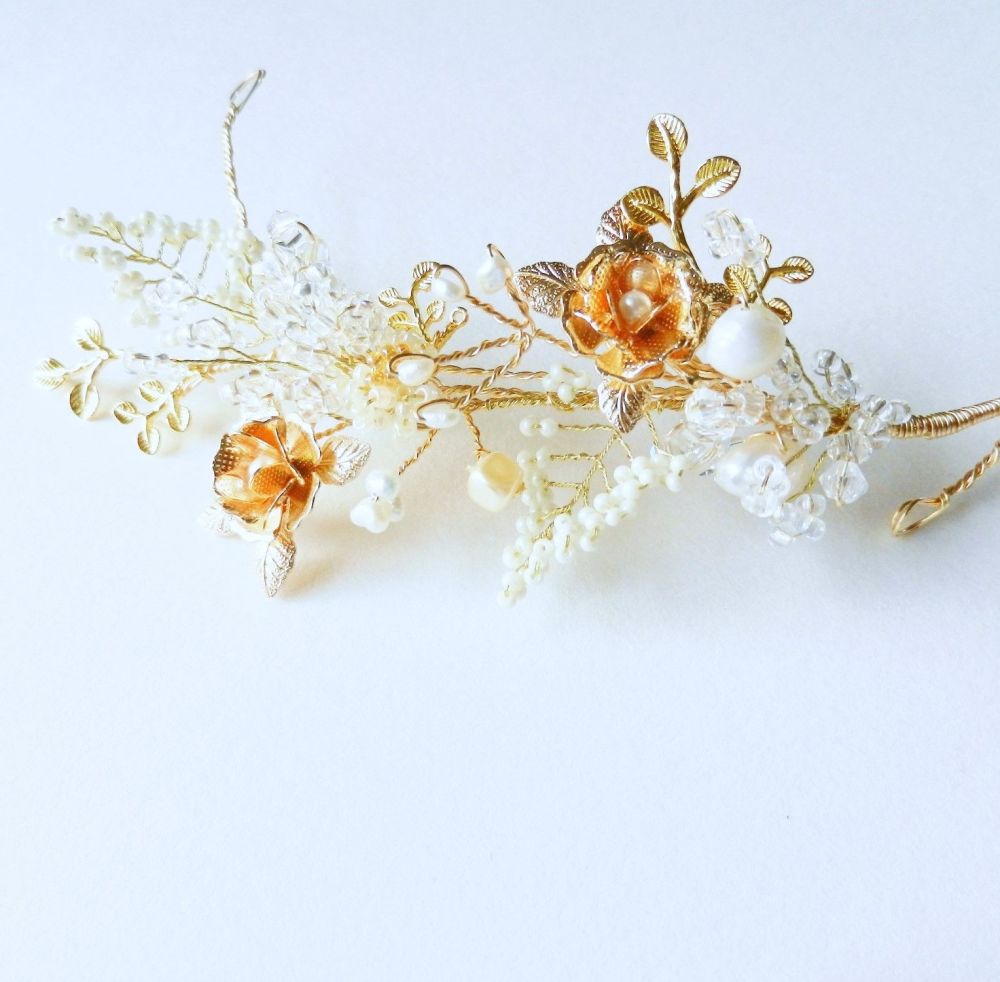 Extra fine pearl & golden flower occasion accessory-0A-BBS-Roseanne-original hair pin