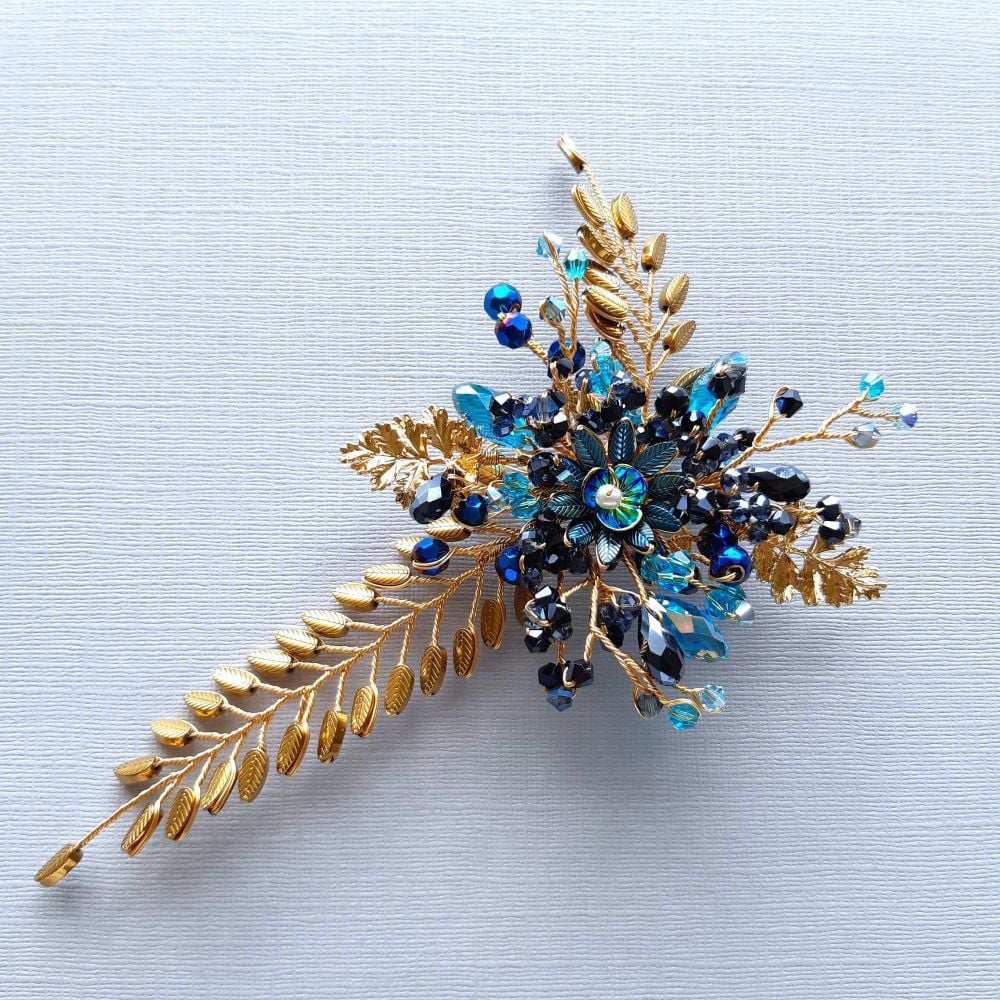 Something blue +gold bridal-wedding and occasion floral hair accessory-UK-O