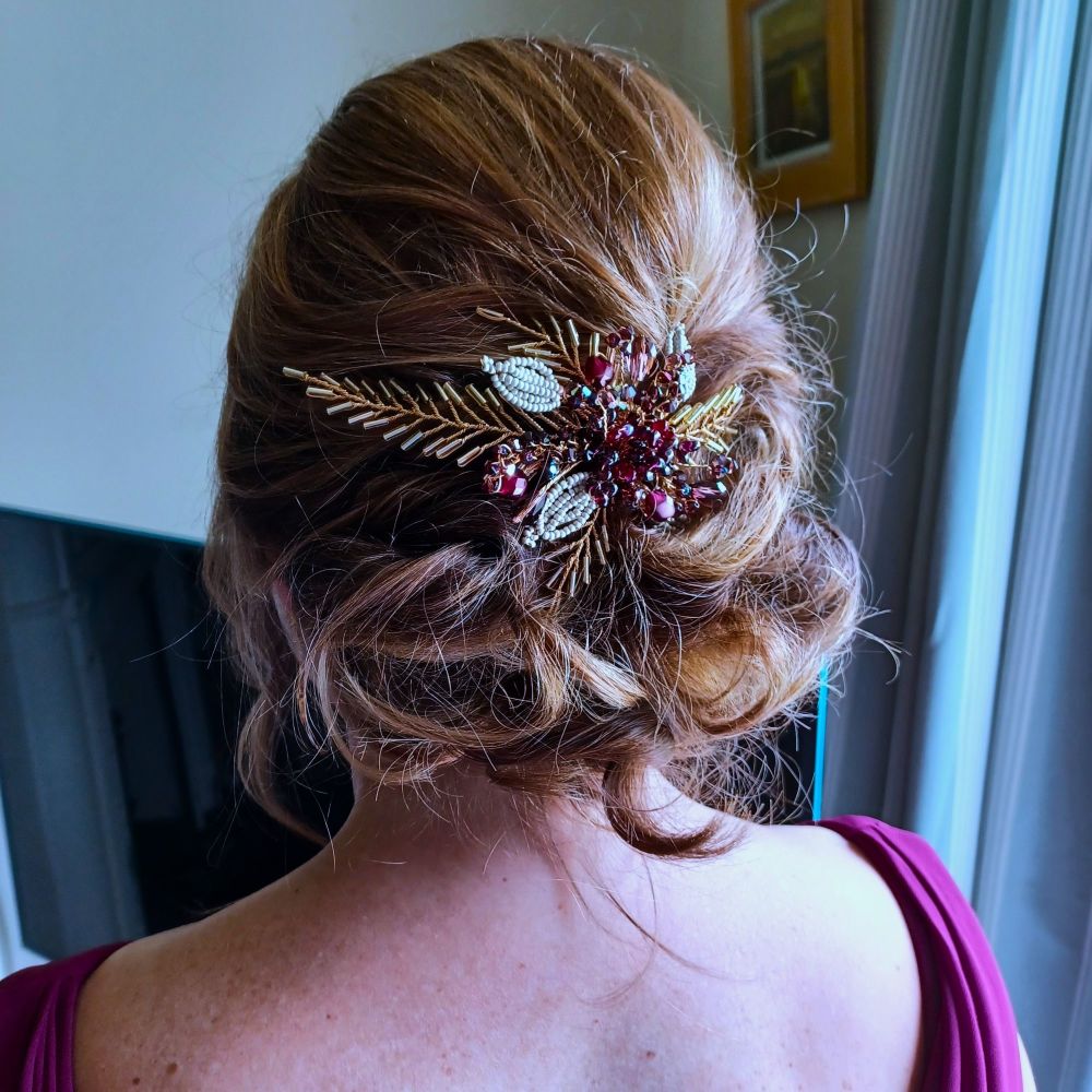 Burgundy + Gold bridal-wedding and occasion floral hair accessory-UK-OA-BBS-Aconite.burgundy