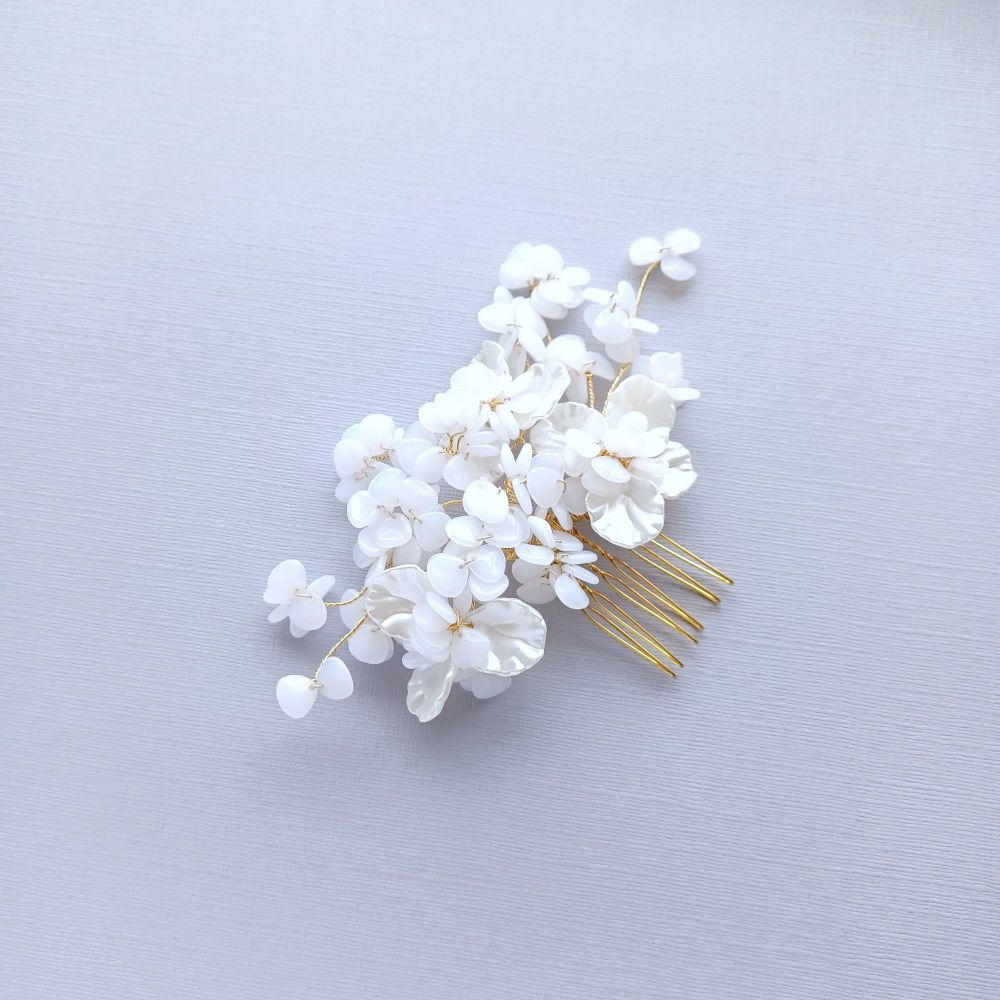handmade opal white petal floral bridal and wedding hair combs headpieces  and accessories in UK