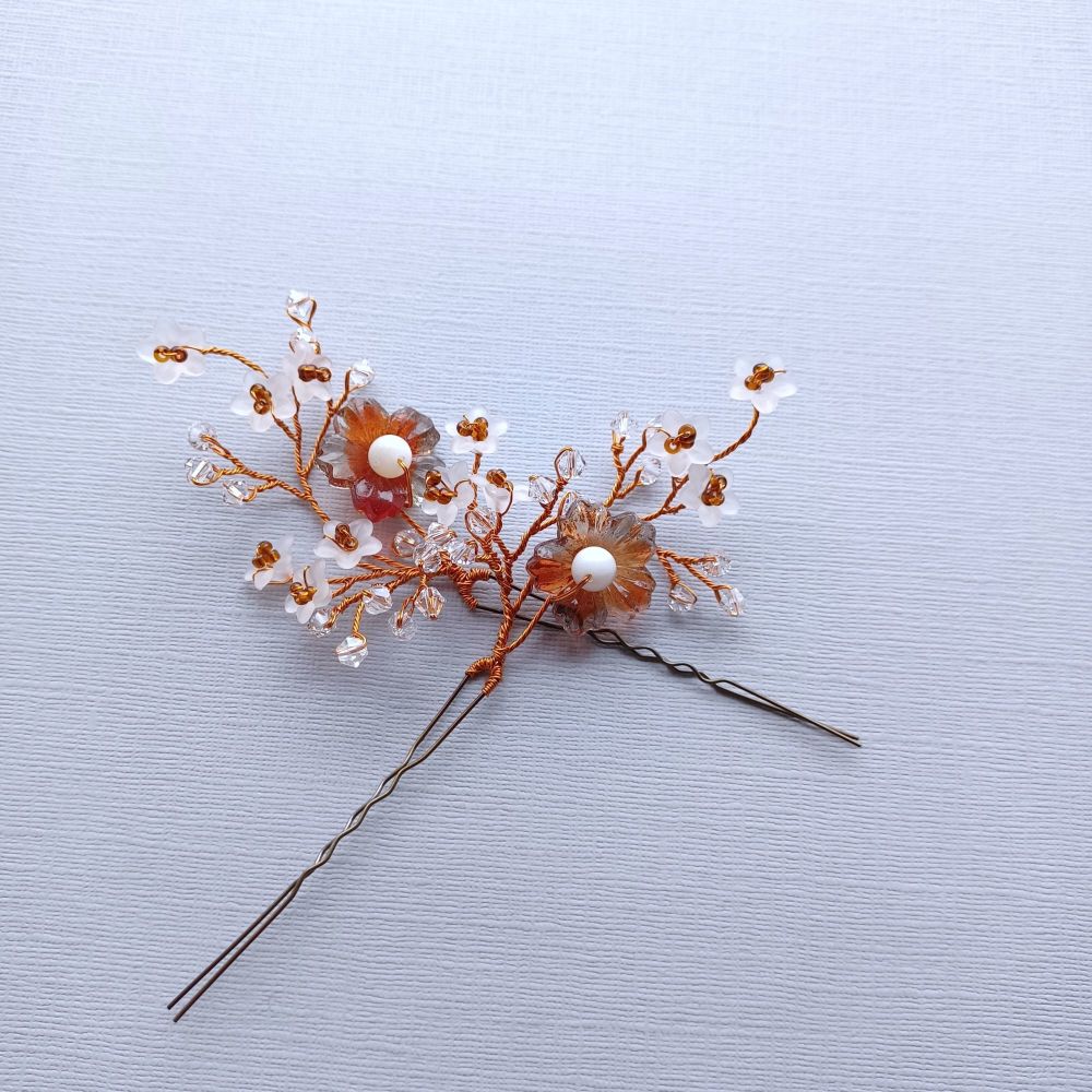 Autumnal cherry with white frosted flower hair pins-1-ac-Micca