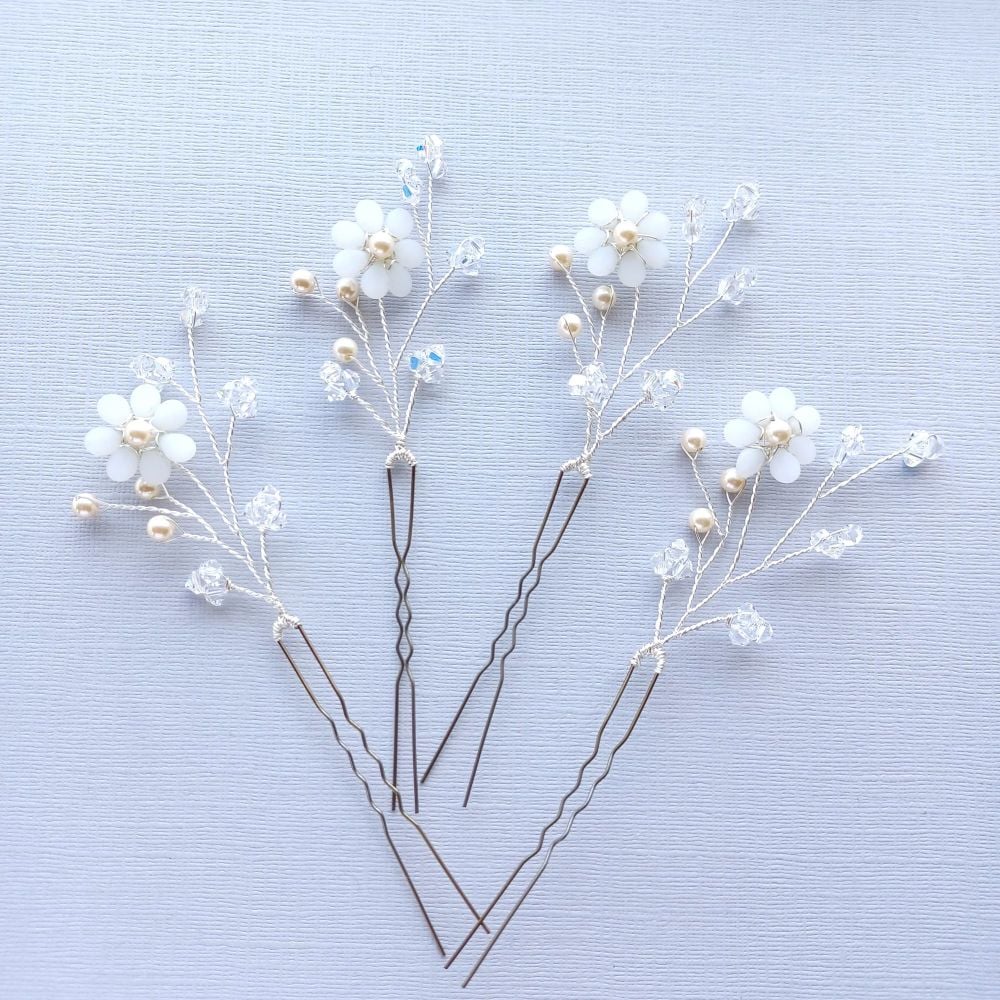 Set of 4 opal white flower hair pins for the bridesmaids- 0- 1-Lorraine3