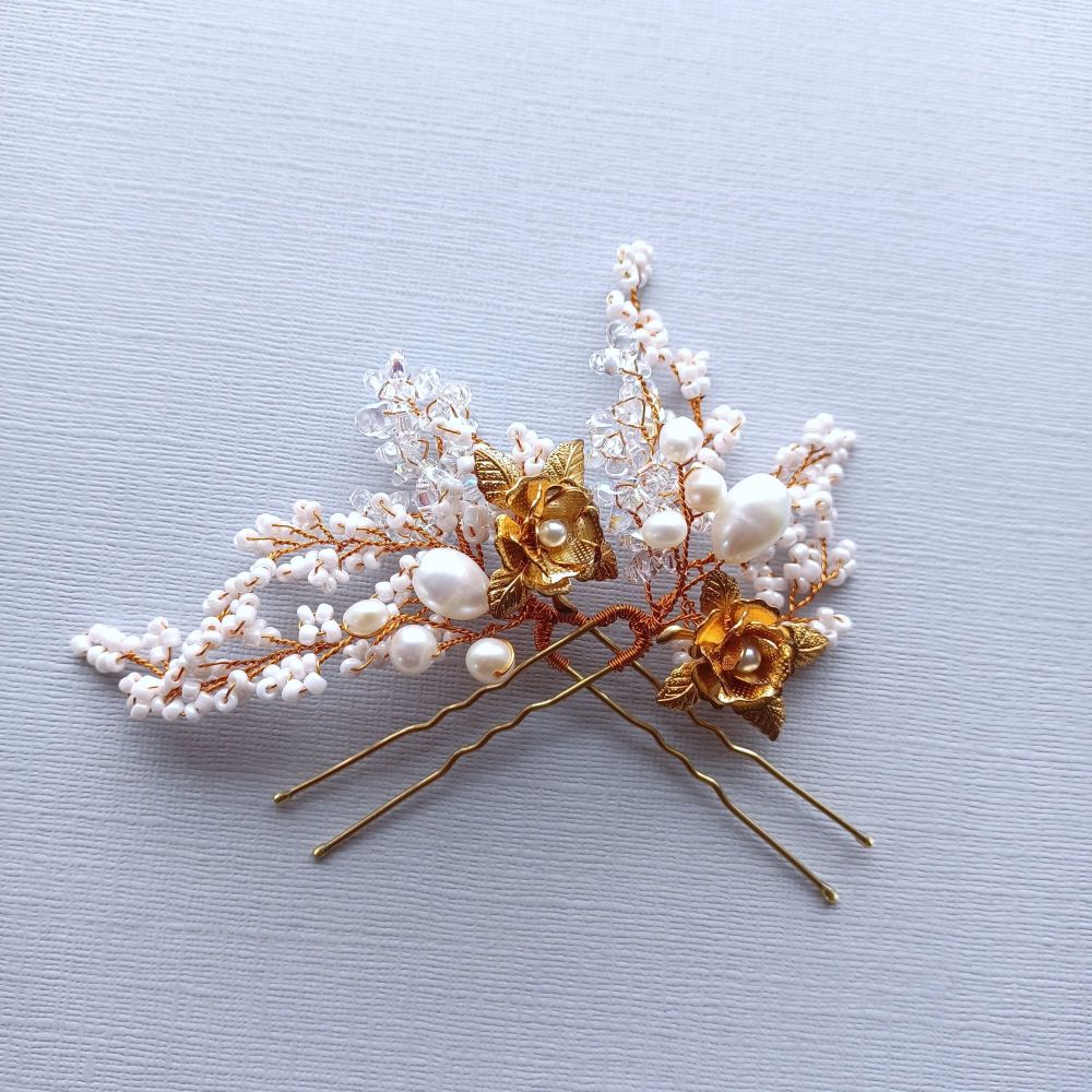 Rose golden flower and pearl bridal-wedding hair pins-0A-BBS-Roseanne.2