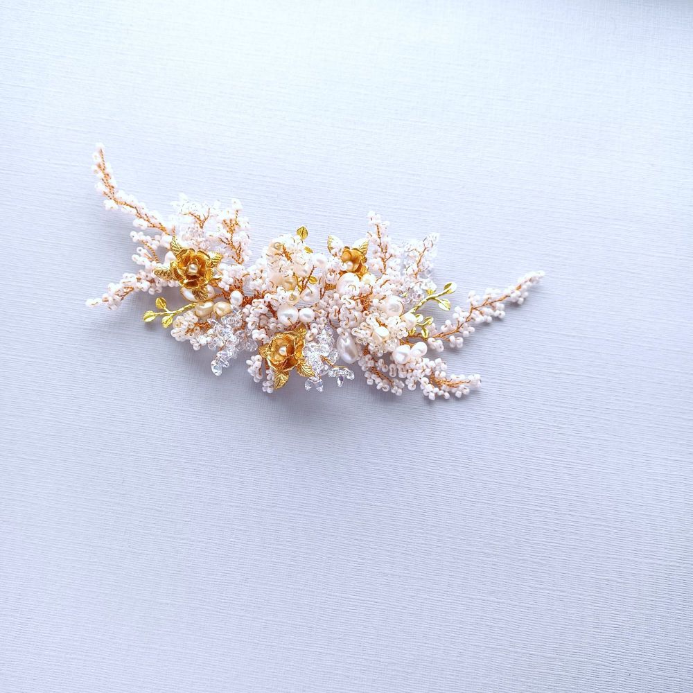 Rose golden flower and pearl bridal wedding floral hair accessory-0A-BBS-Roseanne