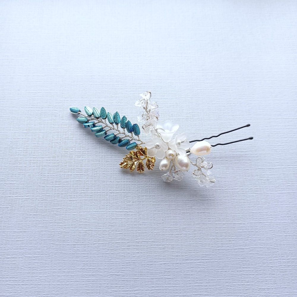 White pearl with blue and gold leaf hair pin-0A-BBS-Carmel