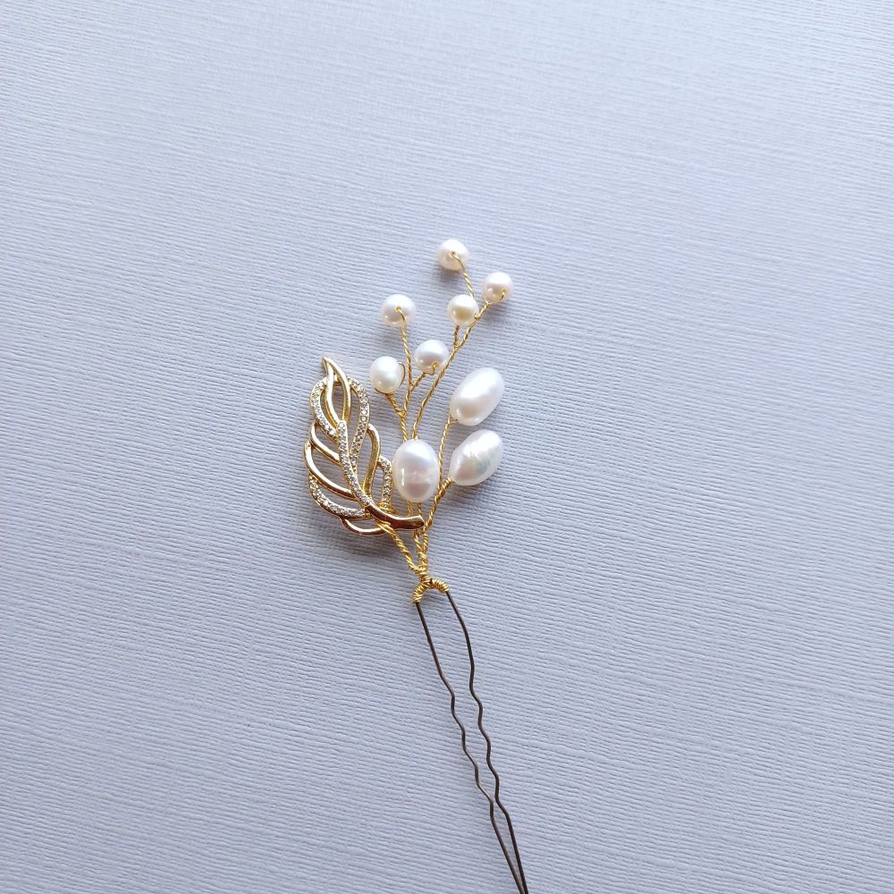 Cream white pearl+18K gold leaf bridal-wedding-hair pin-1-ac-Sonica