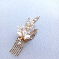 White pearl bridal hair comb accessory 18K gold leaves -1-ac-Sonica.2