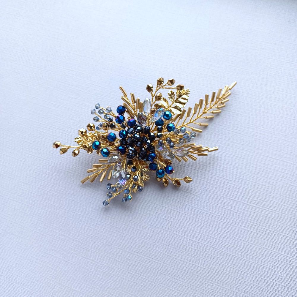 Something blue +gold bridal-wedding and occasion floral hair accessory-UK-OA-BBS-Aconite.gold bead leaf