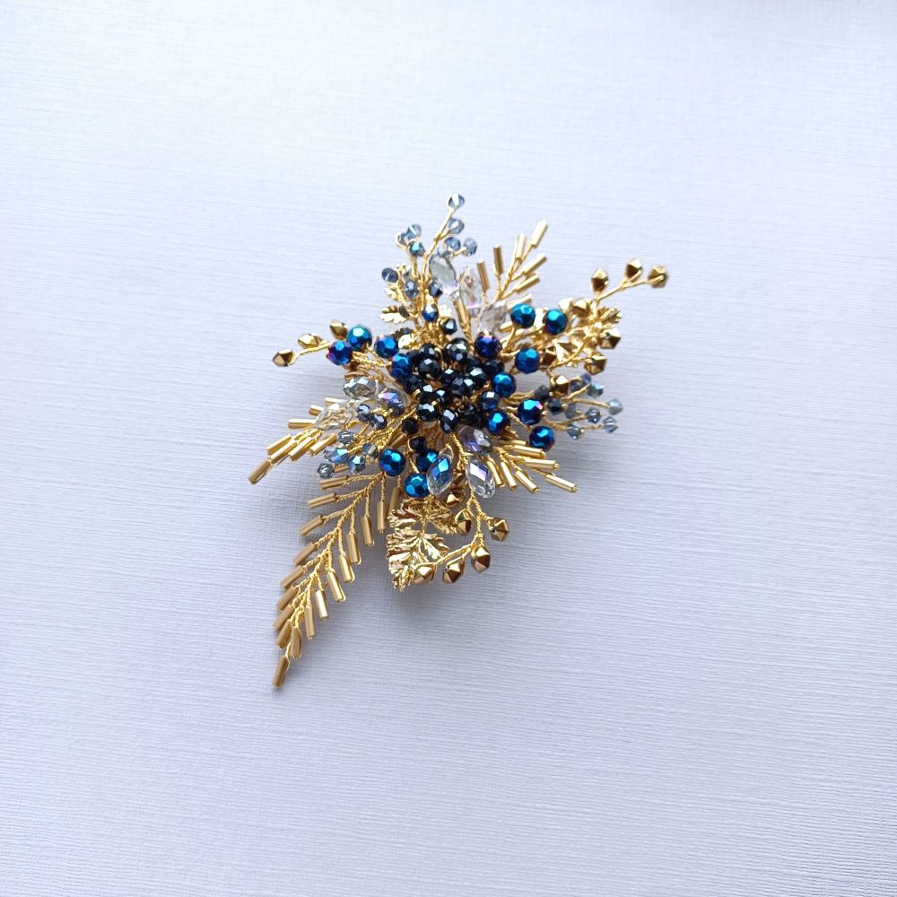 Something blue +gold bridal-wedding and occasion floral hair accessory-UK-OA-BBS-Aconite.gold bead leaf