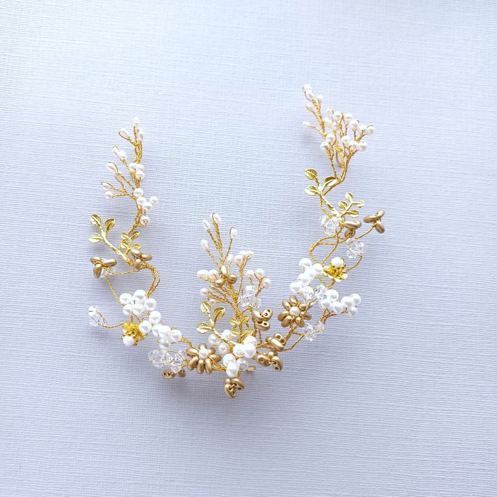 Delicate autumnal bridal hair vine with pearls & golden leaves -0A-BBS-Brit