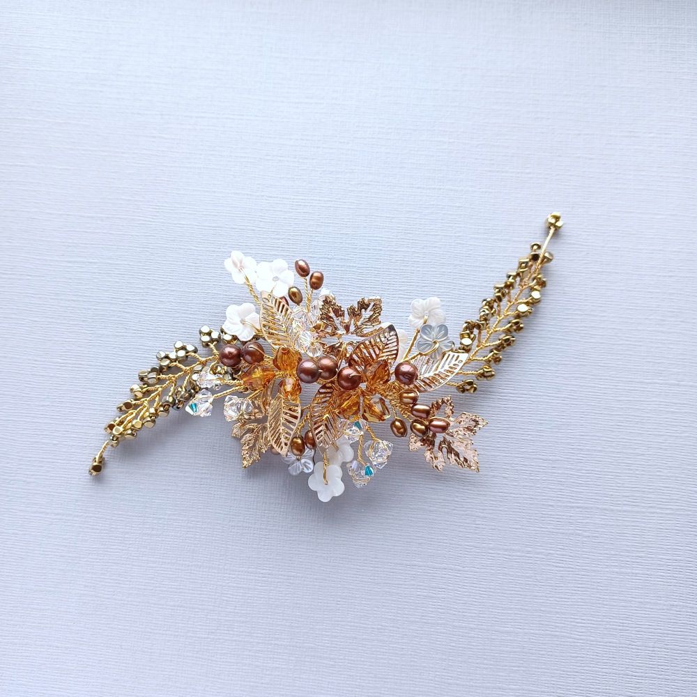 An occasion - bespoke autumnal golden leaf hair accessory with white flower