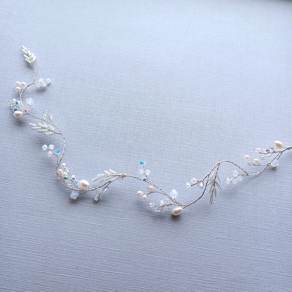 Custom made -handmade pearl and opal white crystal bridal hair vine-OA-BBS-Clare