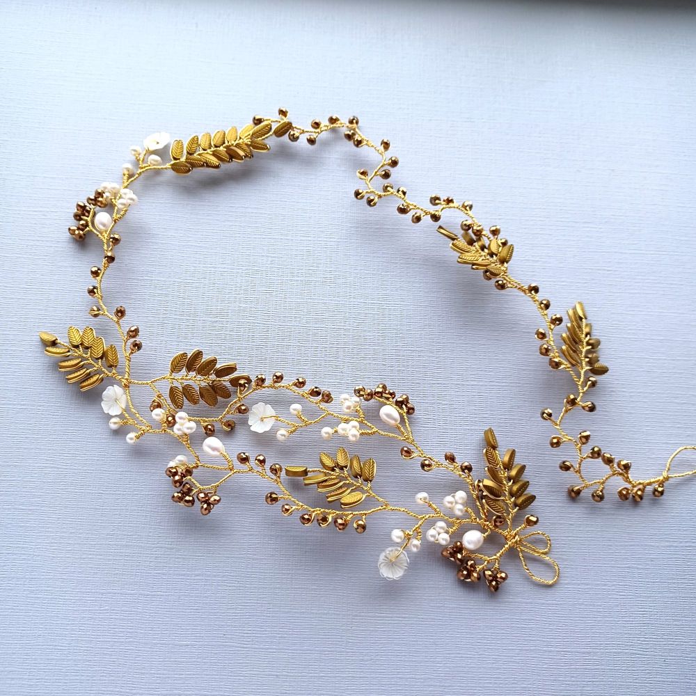 Pearl & white flower floral headpiece with our signature leaf-0A-BBS-Elizab