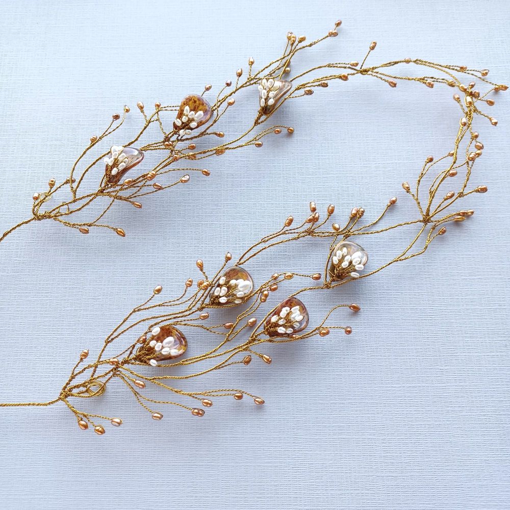 Autumnal brown & white pearl floral bridal headpiece -OA-BBS-Ophelia