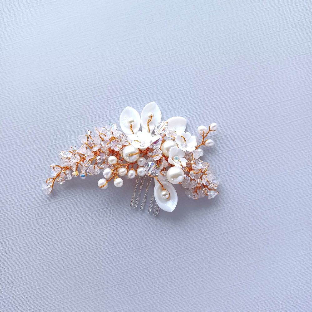 White petal and pearl bridal hair accessory-BCMB-Snow White