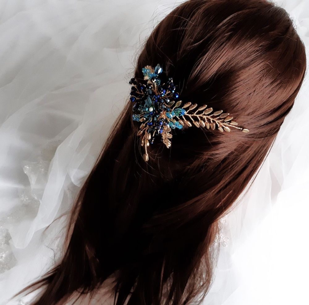 Something blue +gold bridal-wedding and occasion floral hair accessory-UK-OA-BBS-Aconite.Original