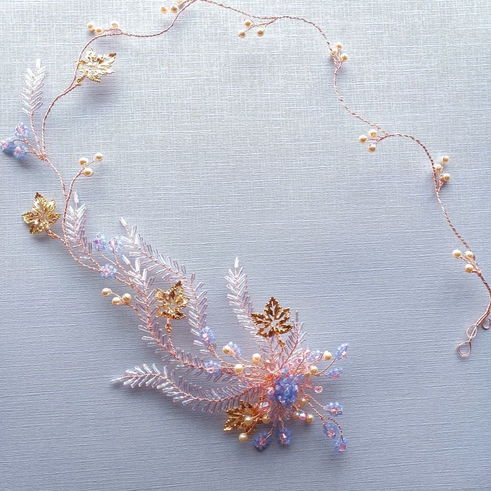 Custom made opal blue, pink, champagne and autumnal-gold bridal headpiece-A