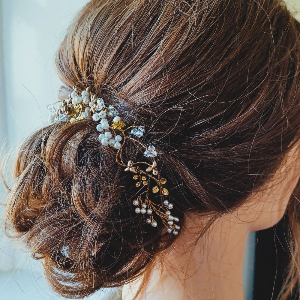 Golden leaf-pearl-flower wedding hair vines and occasional hair accessories  by Beady Bride-UK