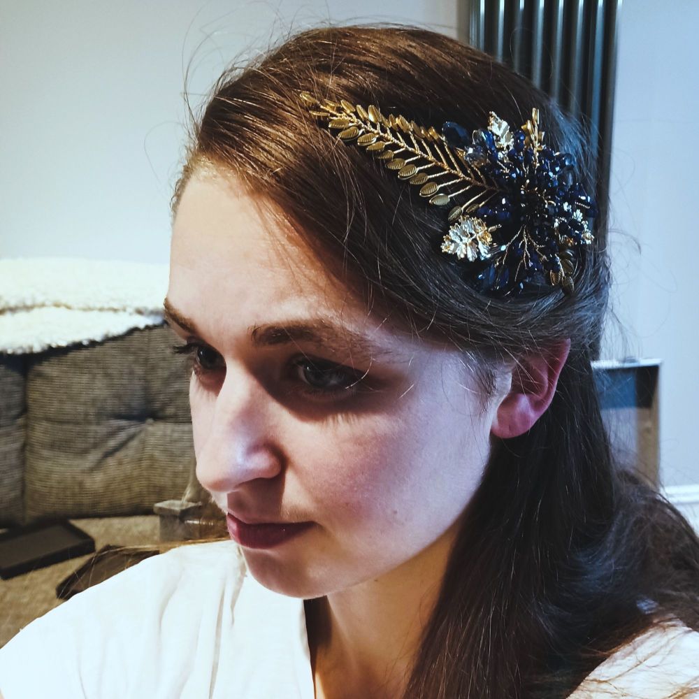 Something blue +gold bridal-wedding and occasion floral hair accessory-UK-OA-BBS-Aconite.matt blue