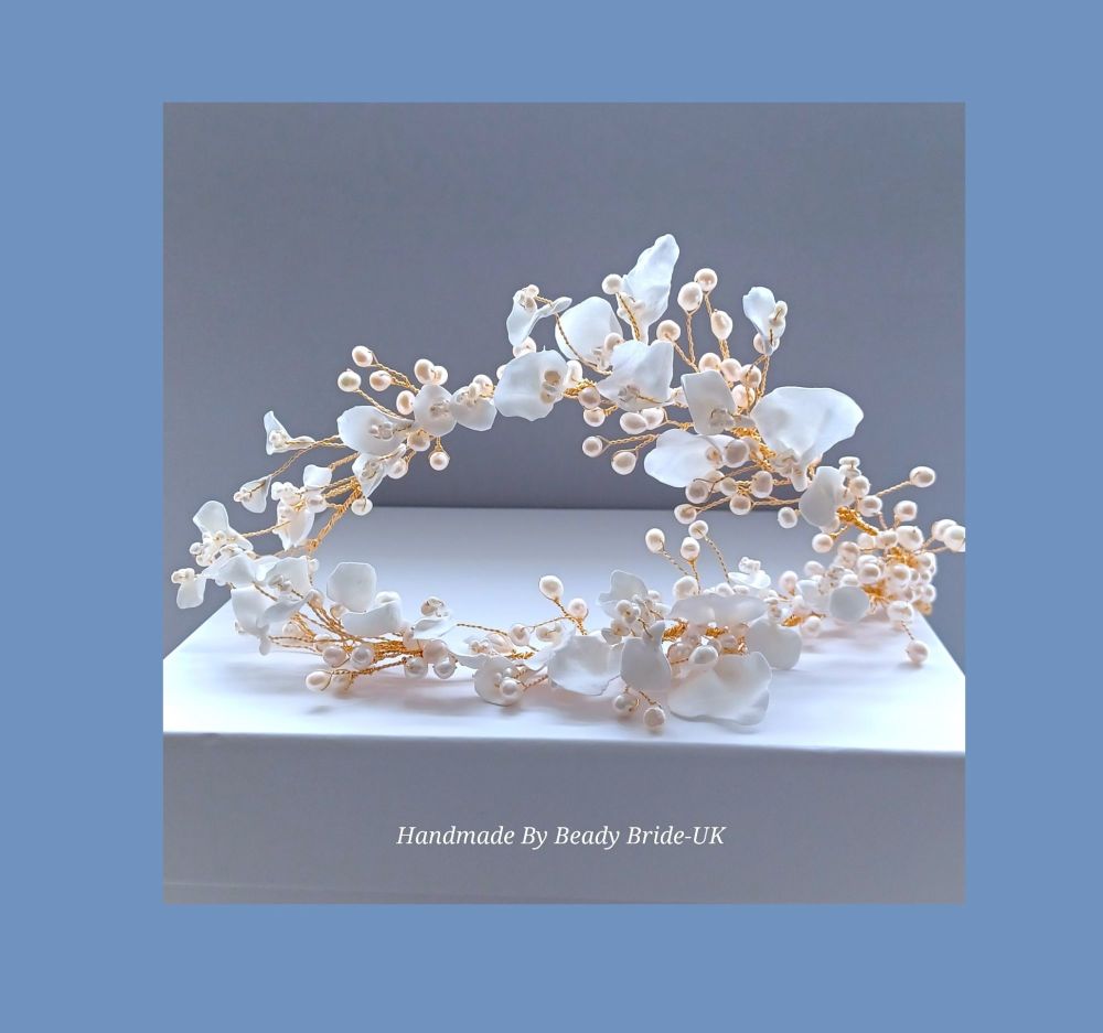 CLLY- A white petal and pearl bridal head garland