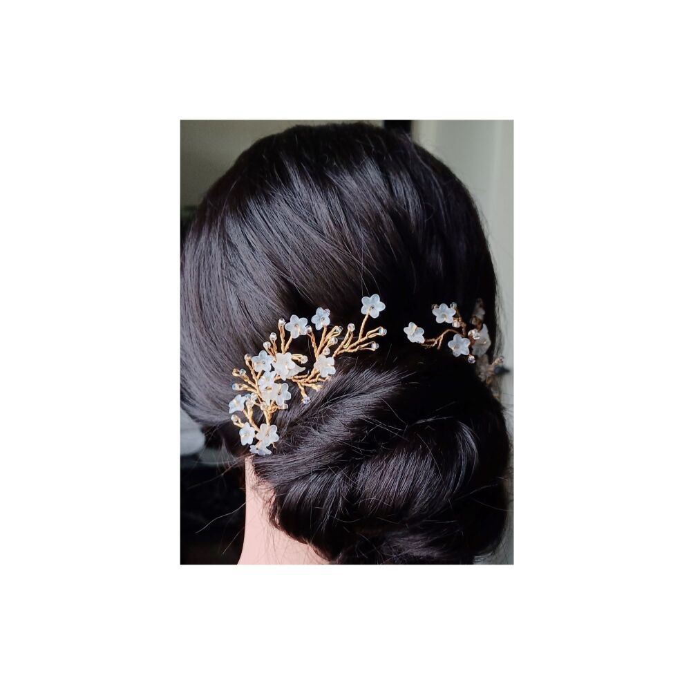 2  frosted flower wedding hair pins on gilt-1-ac-Bethany.1