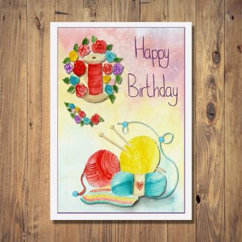 Knitting & Flowers Birthday Card