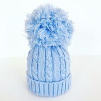 Large Cable Knit Pom Pom Hat - Blue