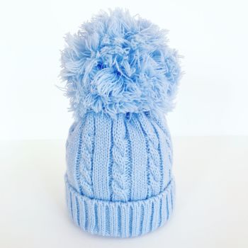 Large Cable Knit Pom Pom Hat - Blue