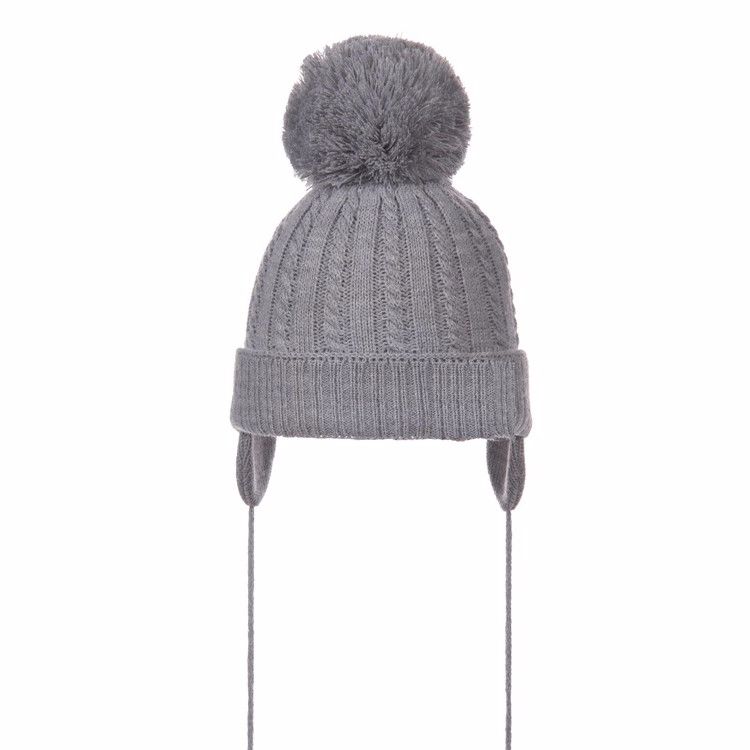 Large Pom Cable Pattern Hat - Grey