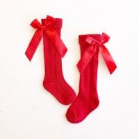 Ribbed Bow Back Knee Socks - Red