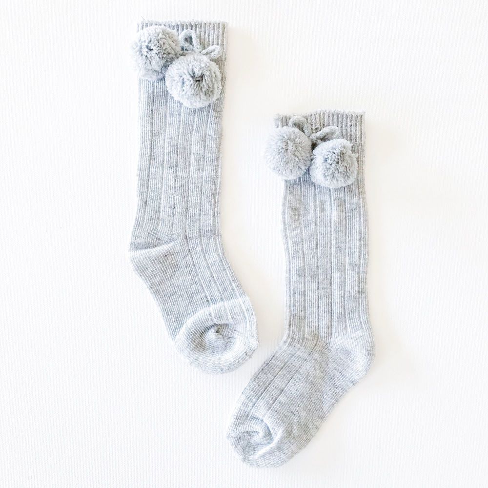 Ribbed Pom Pom Knee Socks - Grey