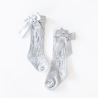 Ribbed Bow Back Knee Socks - Grey