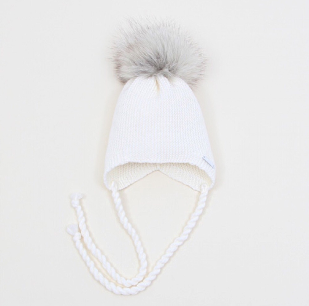 Pangasa Baby Fur Pom Hat With Tie - Ivory