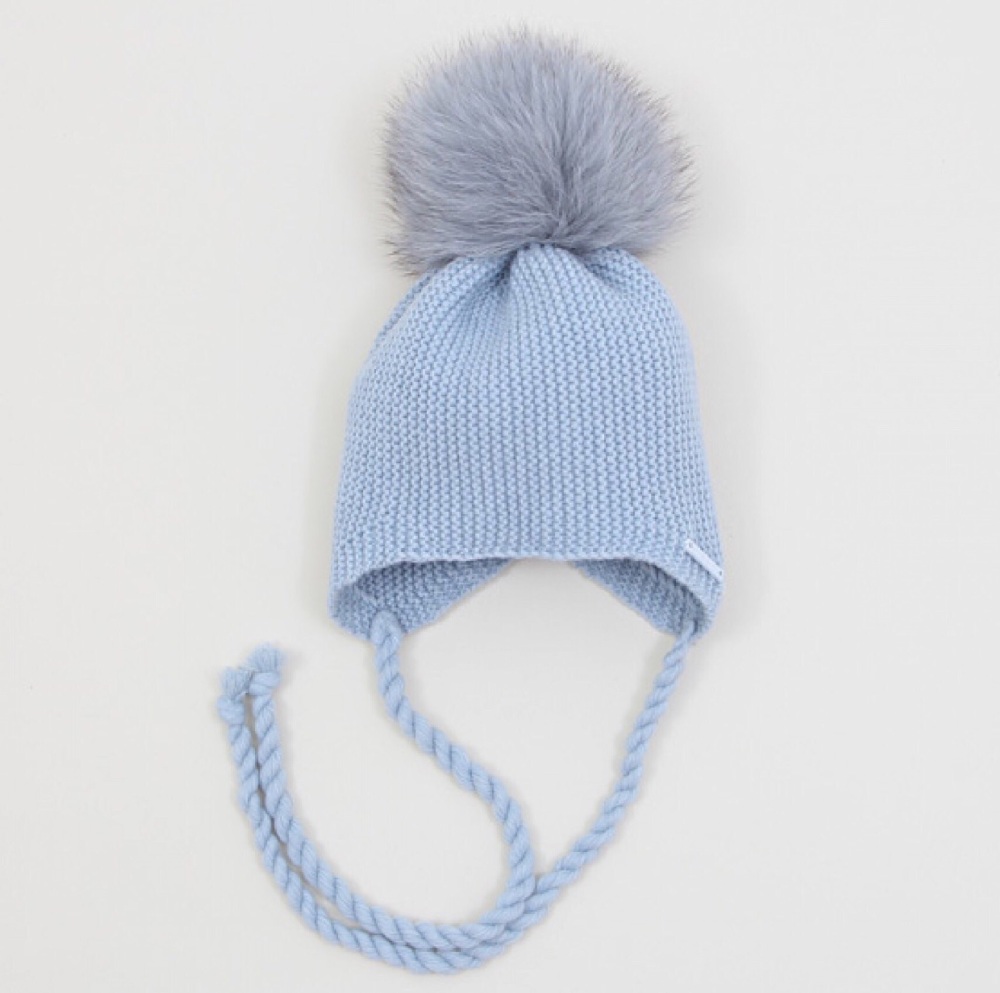 PREORDER - Pangasa Baby Fur Pom Hat With Tie - Blue